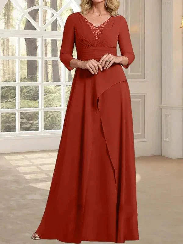 A-line V-Neck Floor-Length Chiffon Mother of the Bride Dress With Pleated Beading - Image 36