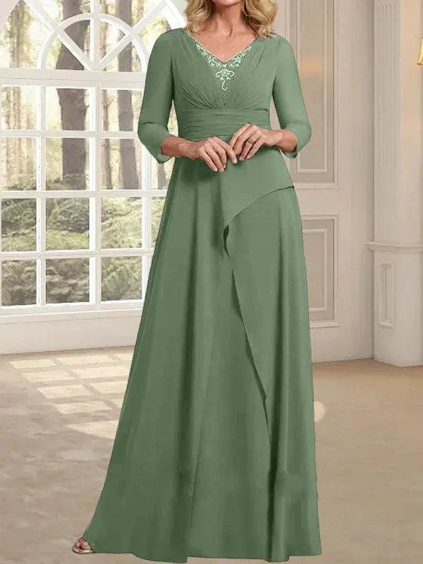 A-line V-Neck Floor-Length Chiffon Mother of the Bride Dress With Pleated Beading - Image 37