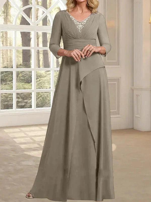 A-line V-Neck Floor-Length Chiffon Mother of the Bride Dress With Pleated Beading - Image 38