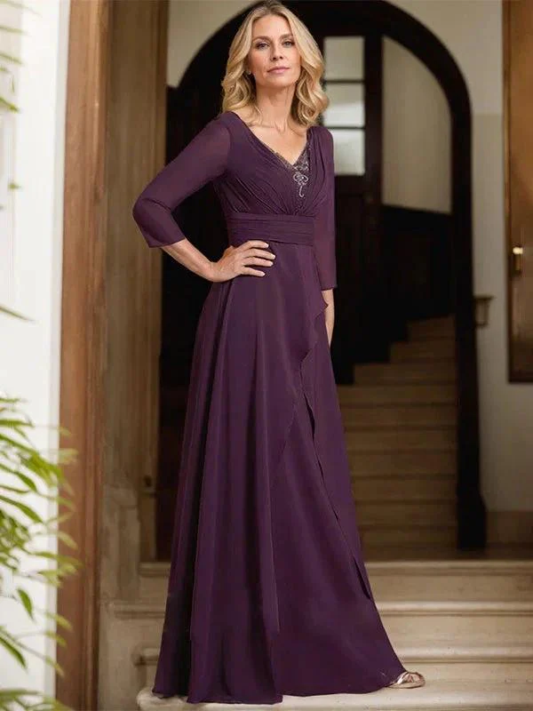 A-line V-Neck Floor-Length Chiffon Mother of the Bride Dress With Pleated Beading - Image 4