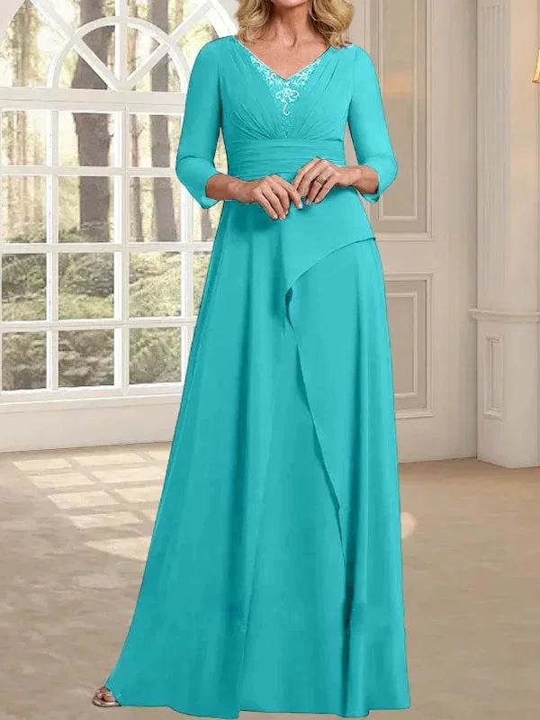 A-line V-Neck Floor-Length Chiffon Mother of the Bride Dress With Pleated Beading - Image 40