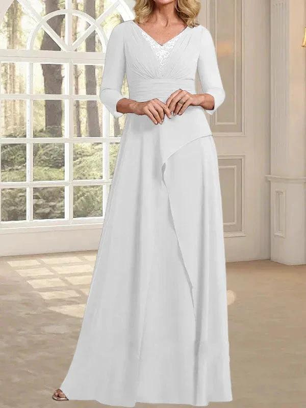 A-line V-Neck Floor-Length Chiffon Mother of the Bride Dress With Pleated Beading - Image 41