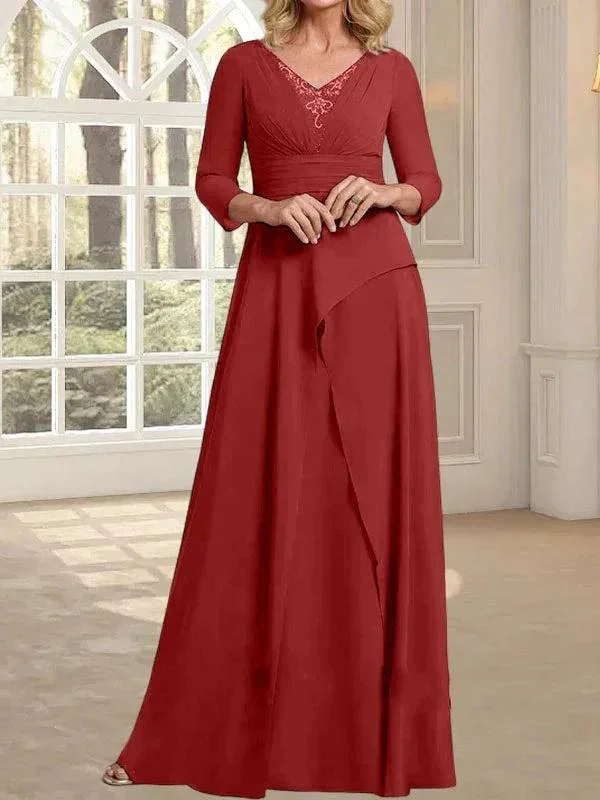 A-line V-Neck Floor-Length Chiffon Mother of the Bride Dress With Pleated Beading - Image 42