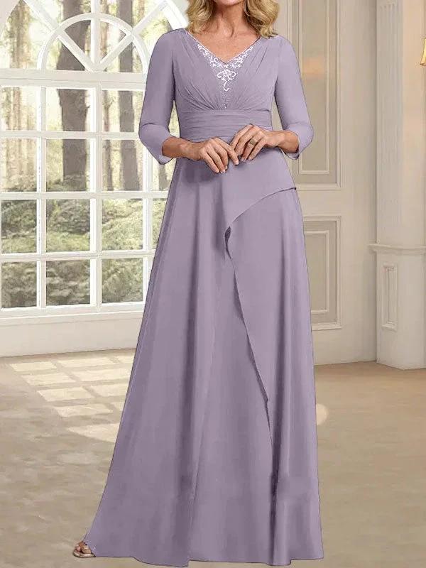 A-line V-Neck Floor-Length Chiffon Mother of the Bride Dress With Pleated Beading - Image 43