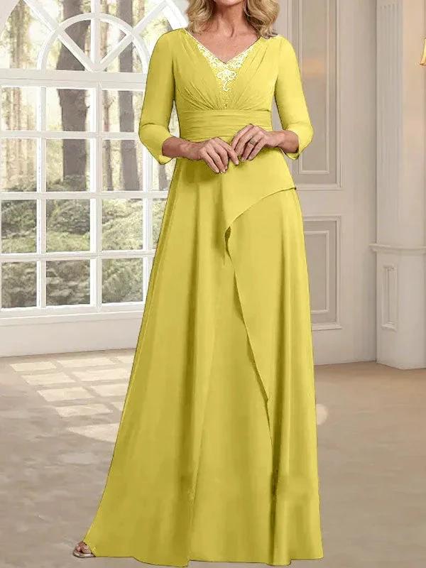 A-line V-Neck Floor-Length Chiffon Mother of the Bride Dress With Pleated Beading - Image 44