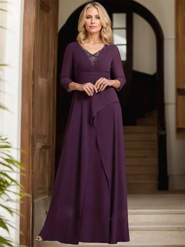 A-line V-Neck Floor-Length Chiffon Mother of the Bride Dress With Pleated Beading - Image 6
