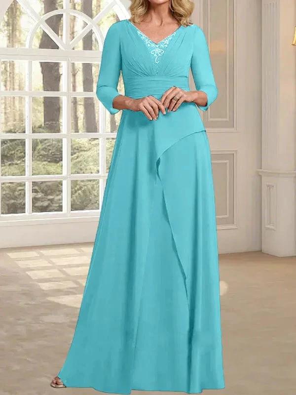 A-line V-Neck Floor-Length Chiffon Mother of the Bride Dress With Pleated Beading - Image 8