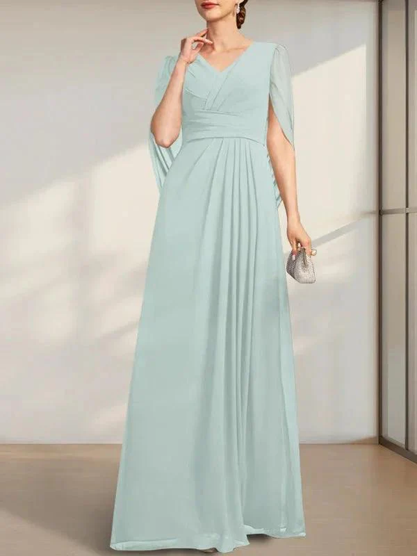 A-line V-Neck Floor-Length Chiffon Mother of the Bride Dress With Pleated - Image 10