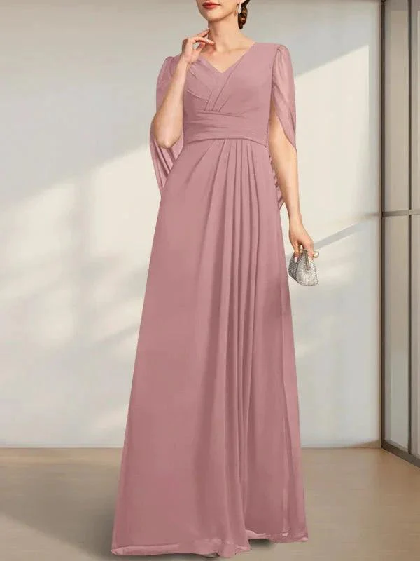 A-line V-Neck Floor-Length Chiffon Mother of the Bride Dress With Pleated - Image 12