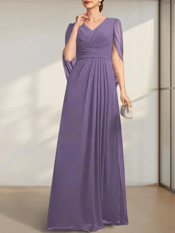 A-line V-Neck Floor-Length Chiffon Mother of the Bride Dress With Pleated - Image 13