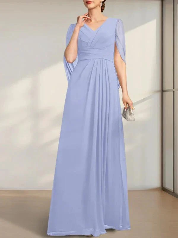 A-line V-Neck Floor-Length Chiffon Mother of the Bride Dress With Pleated - Image 14