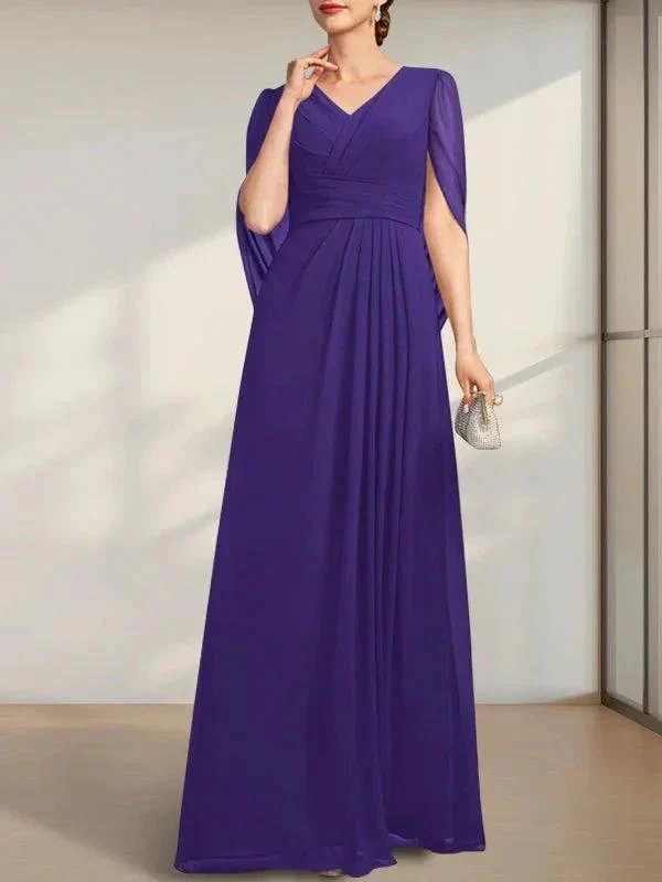 A-line V-Neck Floor-Length Chiffon Mother of the Bride Dress With Pleated - Image 15