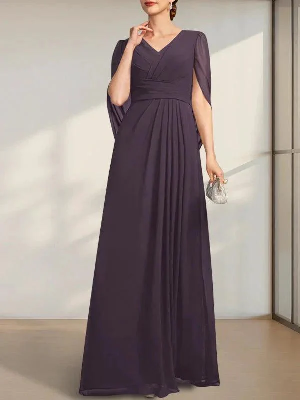 A-line V-Neck Floor-Length Chiffon Mother of the Bride Dress With Pleated - Image 16