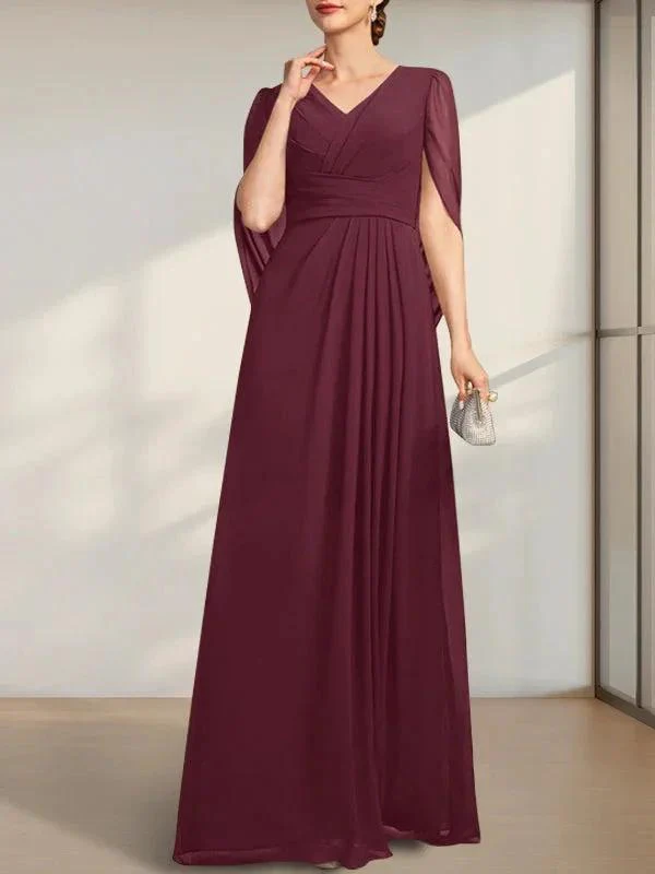 A-line V-Neck Floor-Length Chiffon Mother of the Bride Dress With Pleated - Image 17