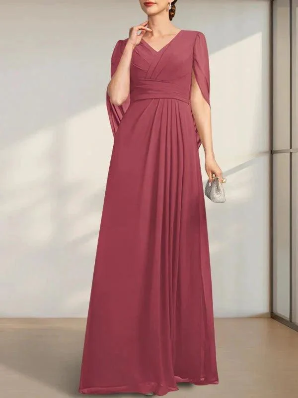 A-line V-Neck Floor-Length Chiffon Mother of the Bride Dress With Pleated - Image 19