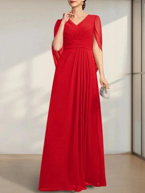 A-line V-Neck Floor-Length Chiffon Mother of the Bride Dress With Pleated - Image 20