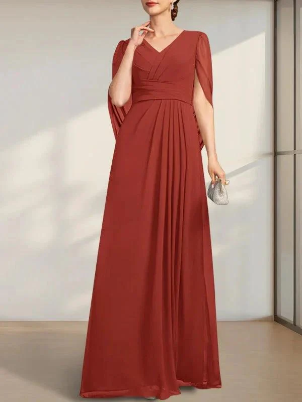 A-line V-Neck Floor-Length Chiffon Mother of the Bride Dress With Pleated - Image 21