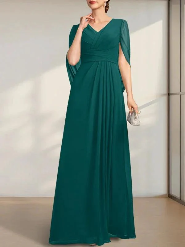 A-line V-Neck Floor-Length Chiffon Mother of the Bride Dress With Pleated - Image 24