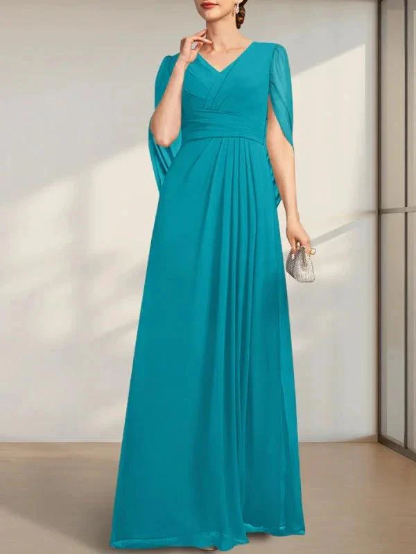 A-line V-Neck Floor-Length Chiffon Mother of the Bride Dress With Pleated - Image 25