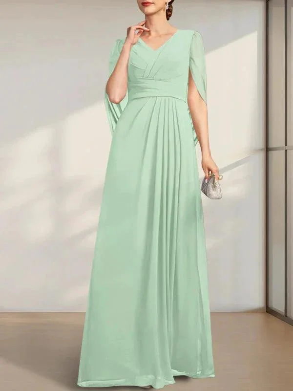 A-line V-Neck Floor-Length Chiffon Mother of the Bride Dress With Pleated - Image 26