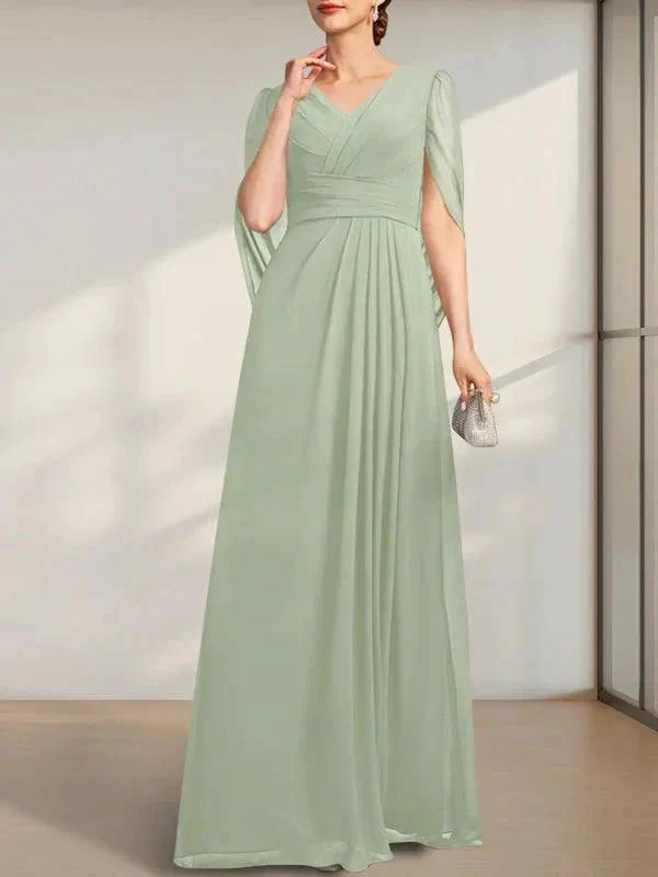 A-line V-Neck Floor-Length Chiffon Mother of the Bride Dress With Pleated - Image 27