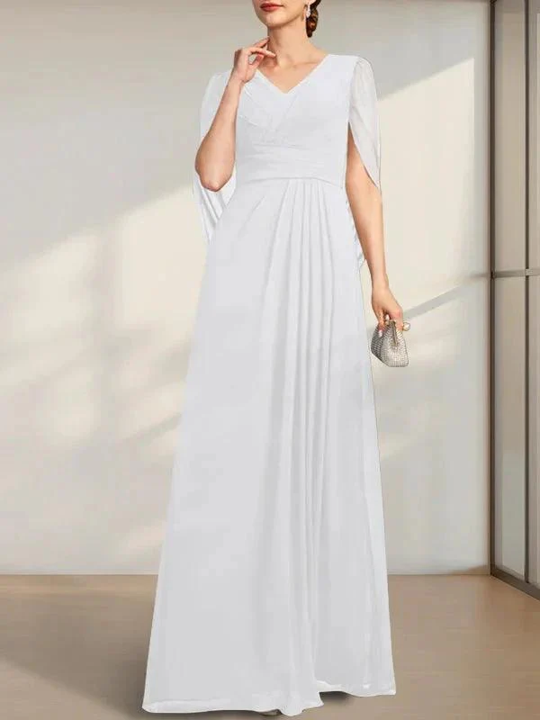 A-line V-Neck Floor-Length Chiffon Mother of the Bride Dress With Pleated - Image 29