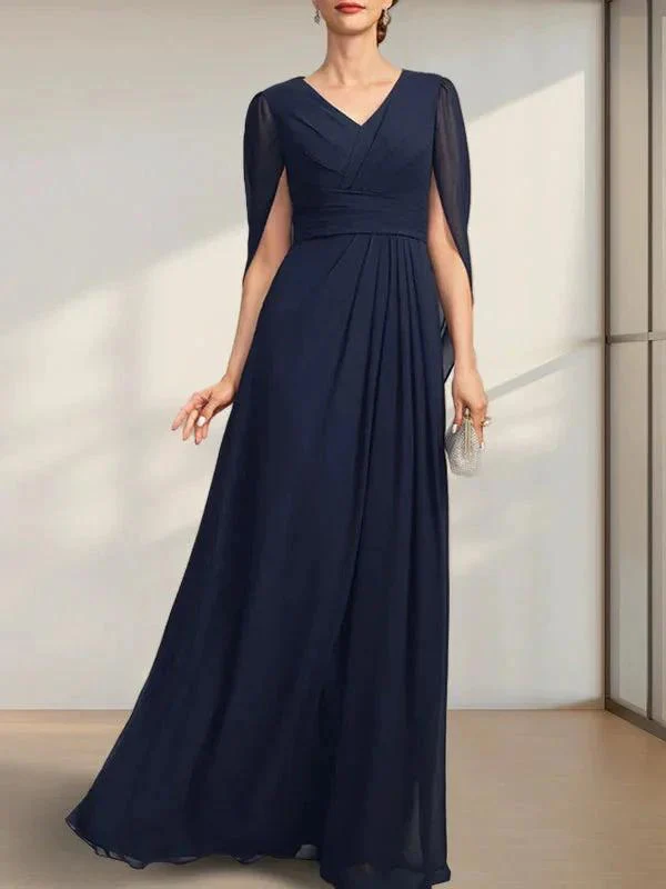 A-line V-Neck Floor-Length Chiffon Mother of the Bride Dress With Pleated - Image 4