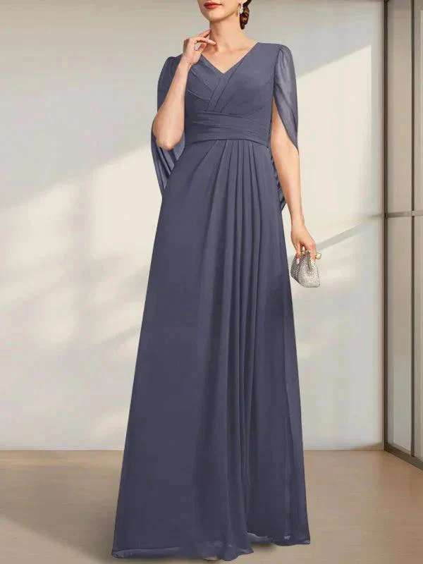 A-line V-Neck Floor-Length Chiffon Mother of the Bride Dress With Pleated - Image 7