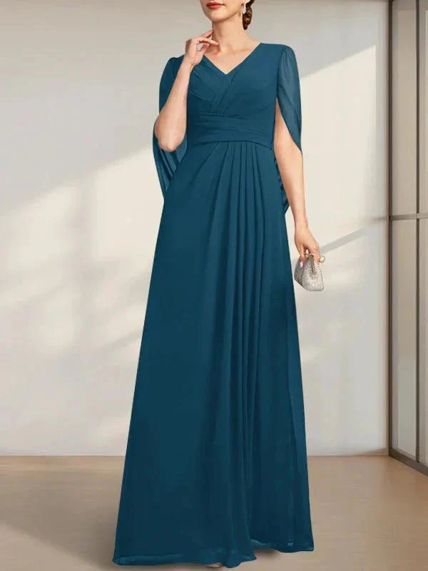 A-line V-Neck Floor-Length Chiffon Mother of the Bride Dress With Pleated - Image 8