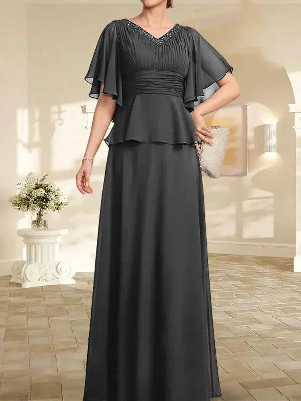 A-line V-Neck Floor-Length Chiffon Mother of the Bride Dress With Pleated Beading - Image 10