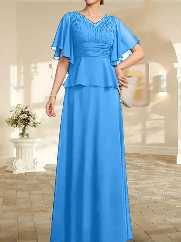 A-line V-Neck Floor-Length Chiffon Mother of the Bride Dress With Pleated Beading - Image 11