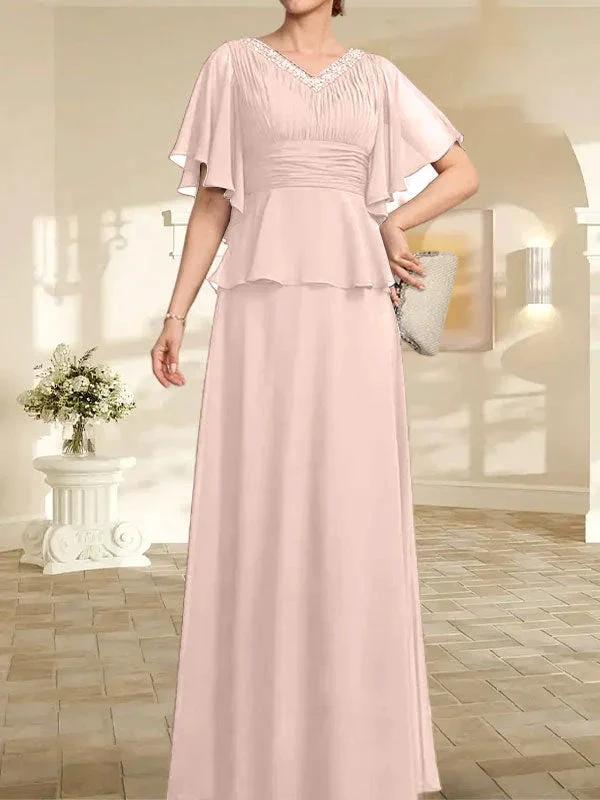 A-line V-Neck Floor-Length Chiffon Mother of the Bride Dress With Pleated Beading - Image 12