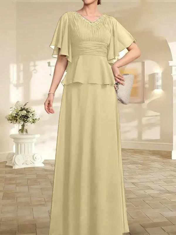 A-line V-Neck Floor-Length Chiffon Mother of the Bride Dress With Pleated Beading - Image 13