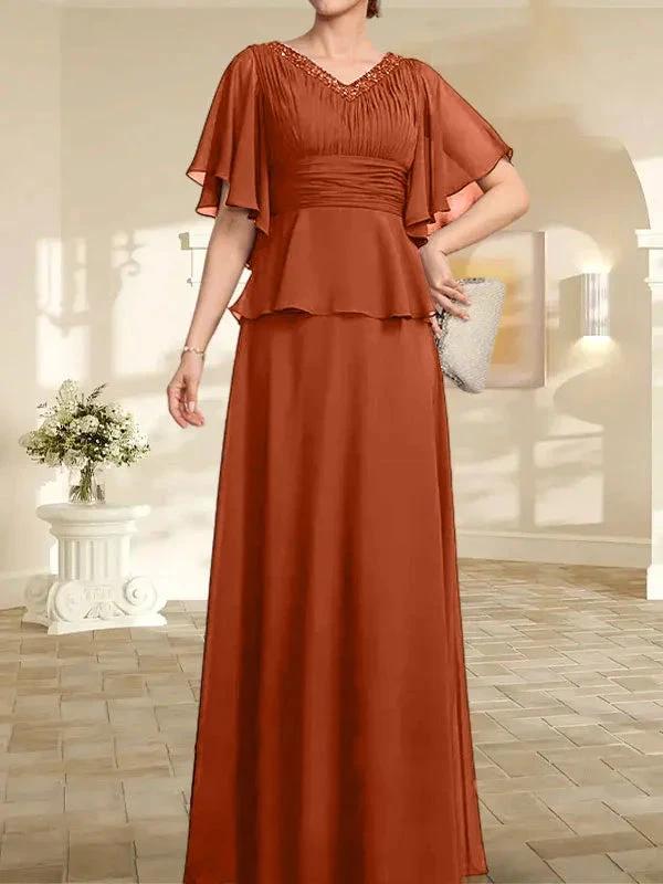 A-line V-Neck Floor-Length Chiffon Mother of the Bride Dress With Pleated Beading - Image 14