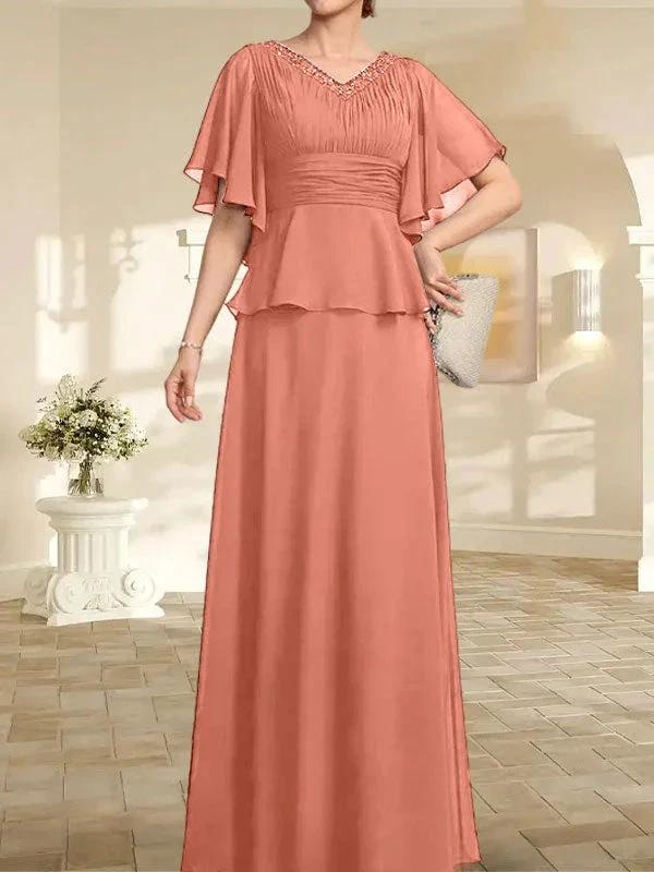 A-line V-Neck Floor-Length Chiffon Mother of the Bride Dress With Pleated Beading - Image 15