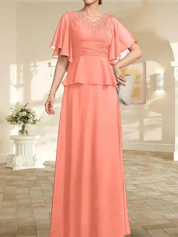 A-line V-Neck Floor-Length Chiffon Mother of the Bride Dress With Pleated Beading - Image 16