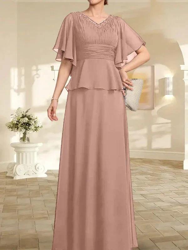 A-line V-Neck Floor-Length Chiffon Mother of the Bride Dress With Pleated Beading - Image 17