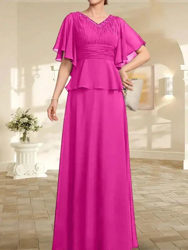 A-line V-Neck Floor-Length Chiffon Mother of the Bride Dress With Pleated Beading - Image 18