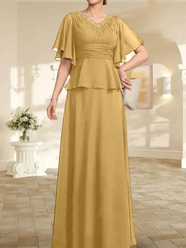 A-line V-Neck Floor-Length Chiffon Mother of the Bride Dress With Pleated Beading - Image 19