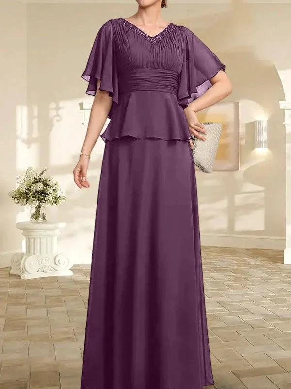 A-line V-Neck Floor-Length Chiffon Mother of the Bride Dress With Pleated Beading - Image 20