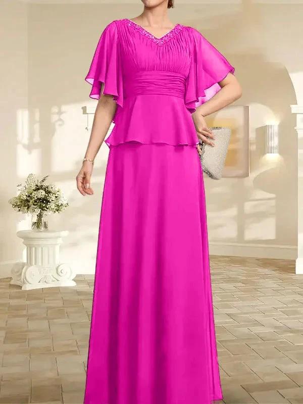 A-line V-Neck Floor-Length Chiffon Mother of the Bride Dress With Pleated Beading - Image 21