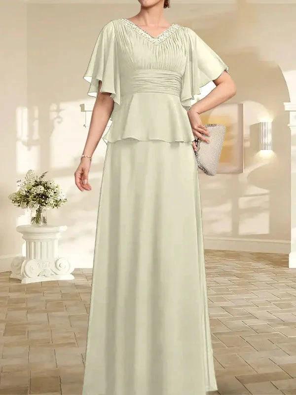 A-line V-Neck Floor-Length Chiffon Mother of the Bride Dress With Pleated Beading - Image 22
