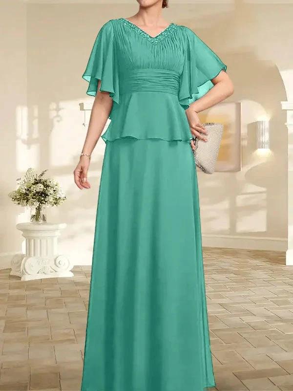 A-line V-Neck Floor-Length Chiffon Mother of the Bride Dress With Pleated Beading - Image 23