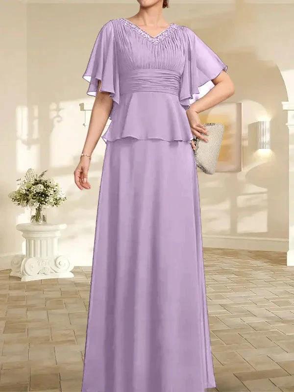 A-line V-Neck Floor-Length Chiffon Mother of the Bride Dress With Pleated Beading - Image 24
