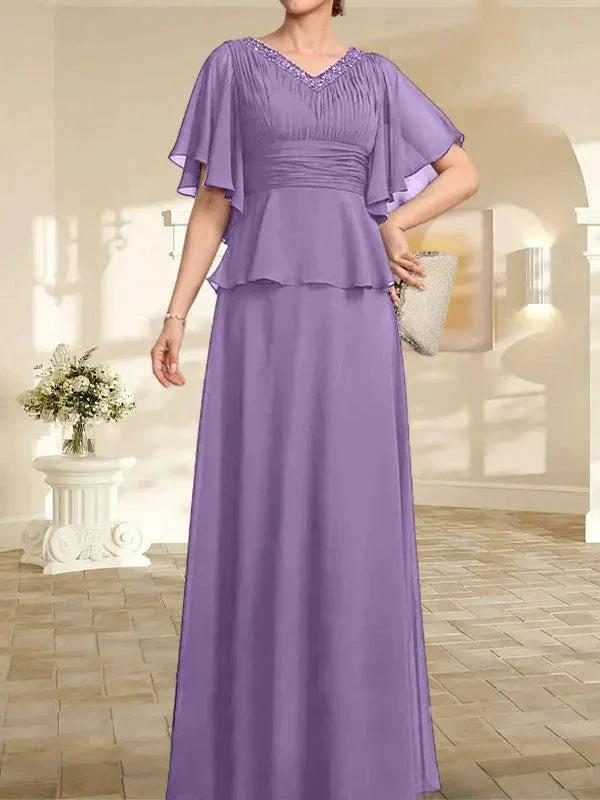 A-line V-Neck Floor-Length Chiffon Mother of the Bride Dress With Pleated Beading - Image 25