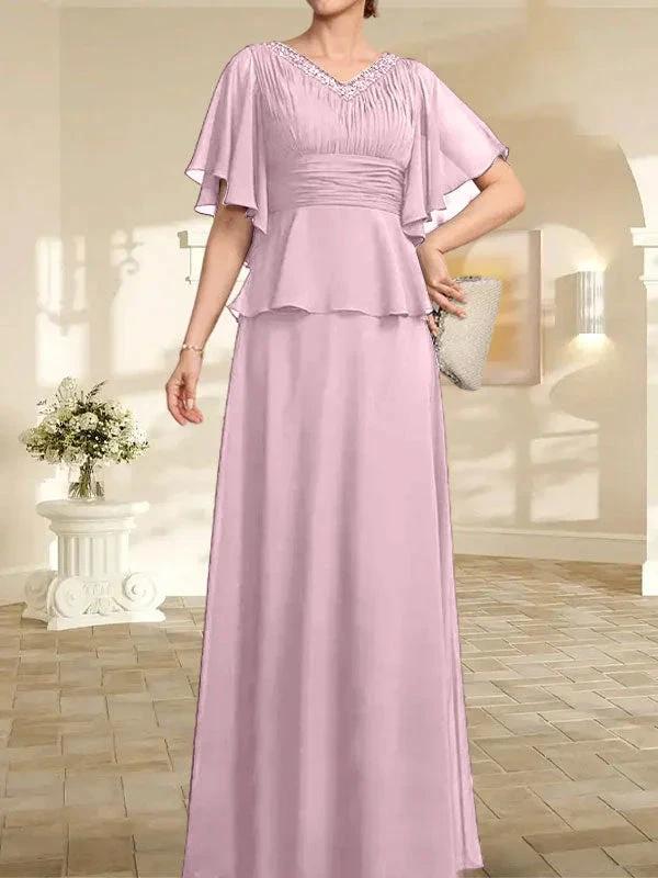 A-line V-Neck Floor-Length Chiffon Mother of the Bride Dress With Pleated Beading - Image 26