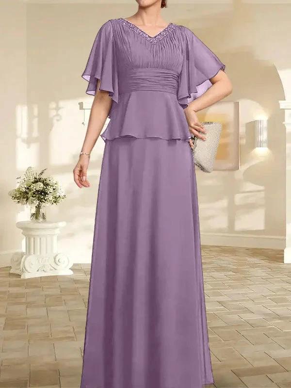 A-line V-Neck Floor-Length Chiffon Mother of the Bride Dress With Pleated Beading - Image 27