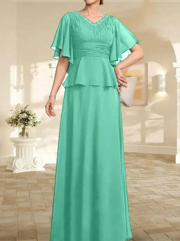 A-line V-Neck Floor-Length Chiffon Mother of the Bride Dress With Pleated Beading - Image 28