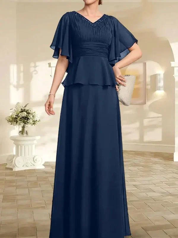 A-line V-Neck Floor-Length Chiffon Mother of the Bride Dress With Pleated Beading - Image 29