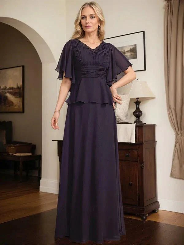 A-line V-Neck Floor-Length Chiffon Mother of the Bride Dress With Pleated Beading - Image 3